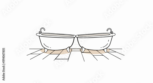 Two white clawfoot bathtubs with faucets sit on a tiled floor