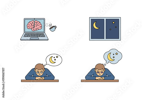 Man struggling to stay awake at work while thinking about sleep and nighttime after seeing brain on laptop screen displaying sleep cycle and window