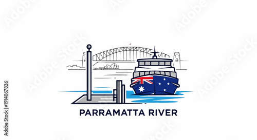 A ferry flying the Australian flag docks at a harbor with famous landmarks in the background
