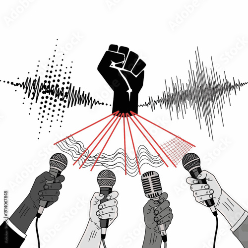 Raised Fist Speaking to Media Microphones Concept