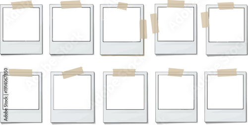 Ten vintage instant photo frames, some taped, isolated on white