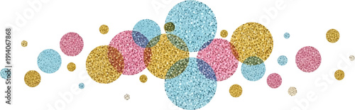 Glittering circles of pink, gold, and blue float across a white background, creating a festive and playful composition
