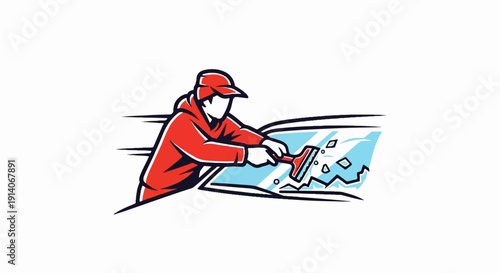 Person in red cleaning a cracked car windshield