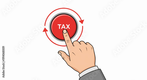A hand presses a red button labeled "TAX" with surrounding circular arrows