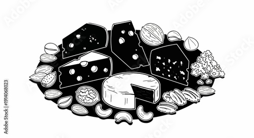 A black and white illustration of various cheeses and nuts arranged on a platter