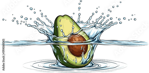 Half an avocado splashing into clear water, creating a vibrant spray