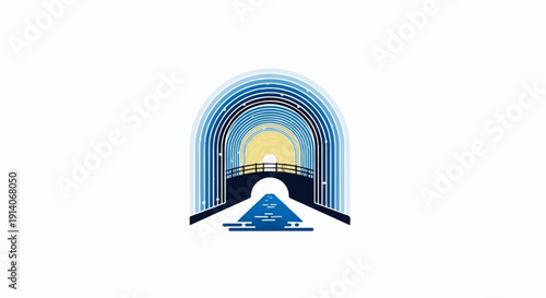 Stylized arched bridge over a blue canal, leading to a bright sunlit tunnel