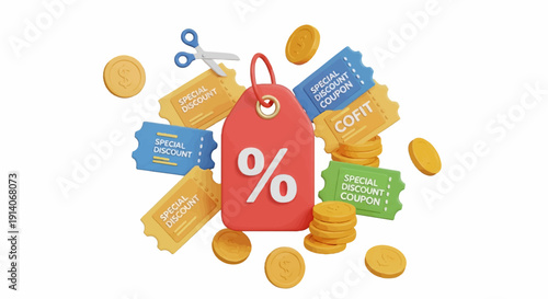 A 3D illustration featuring discount coupons, coins, and scissors, symbolizing savings and smart shopping
