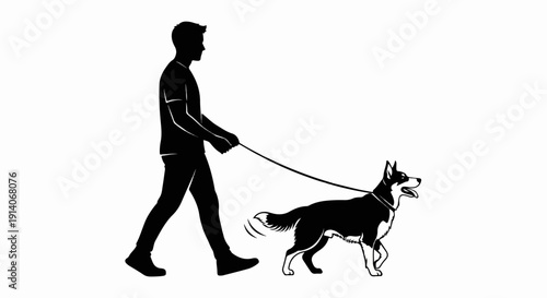 Silhouette of a man walking a dog on a leash