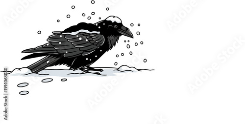 A black crow is perched on the snow-covered ground, with snowflakes falling around it