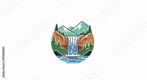 A stylized illustration of a waterfall cascading down cliffs into a serene lake