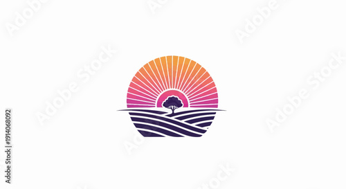 Silhouette of a solitary tree atop rolling hills under a radiant, gradient sun