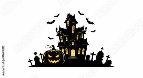 Spooky haunted house with jack-o'-lantern, tombstones, and flying bats against a white background