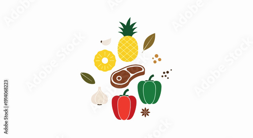 A colorful assortment of food ingredients, including steak, peppers, pineapple, garlic, and spices