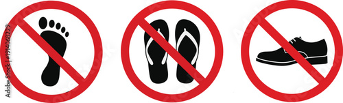 No barefoot footwear signs illustration, prohibition symbols set, safety rules icons, no shoes flip flops allowed warning graphic
