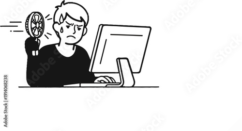 Stressed person uses fan at computer in heat
