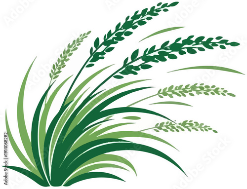 Whimsical illustration of tall green grasses and seed heads blowing gently