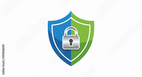 A metallic padlock secures a blue and green shield emblem, symbolizing protection