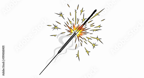 A single sparkler burns brightly with golden sparks and gray smoke against a white background