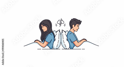 A couple sleeps back-to-back in bed, separated by pillows, symbolizing relationship strain