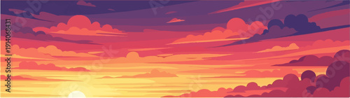 A pixelated sunset displays vibrant oranges, reds, and purples in a sky filled with stylized clouds
