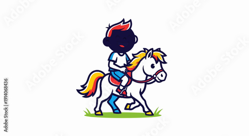 Cheerful child rides a white pony with colorful mane and tail over grass