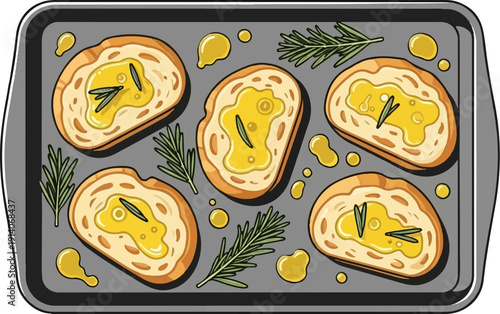 Five slices of bread drizzled with golden oil and garnished with rosemary on a baking tray