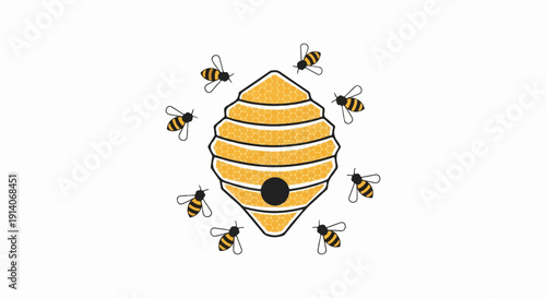 A stylized beehive with surrounding bees, rendered in a simple graphic style