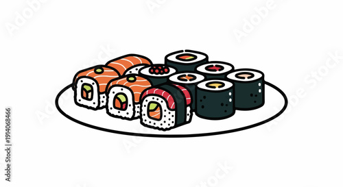 A plate filled with a variety of delicious sushi rolls, each artfully prepared with colorful ingredients