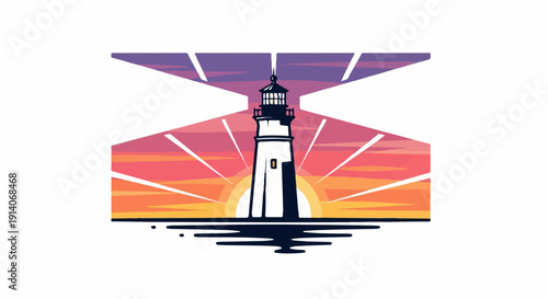 A stark white lighthouse stands tall against a vibrant sunset and ocean waves