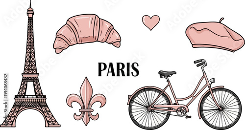 Pink Eiffel Tower, croissant, beret, bike, fleur-de-lis, and heart