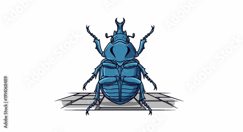 A blue beetle with horns is shown upside down on a tiled surface