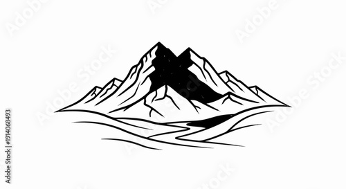Stylized black and white mountain range with a winding river