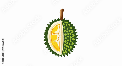 A half-cut spiky green fruit with a yellow, segmented interior and brown stem