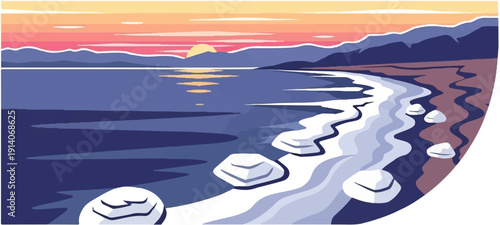 Pixelated sunset over a calm sea with a rocky, icy shore and distant mountains