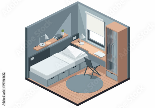 Cozy isometric dorm room interior with a bed, desk, wardrobe, and window, ideal for student housing or small apartment illustrations