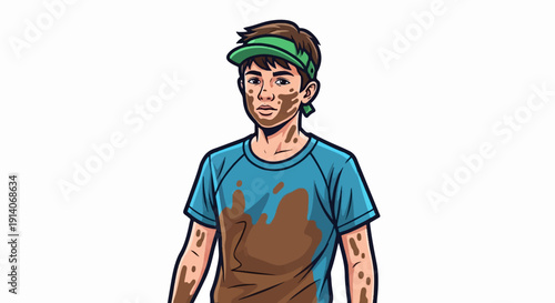 Young person in blue shirt and green visor, splattered with brown mud