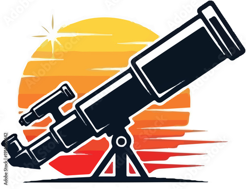 Telescope pointed towards a vibrant sunset with a distant star
