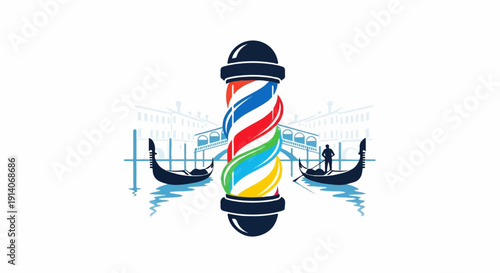 A barber pole stands in front of a Venetian canal scene with gondolas