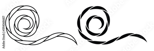 Round rope curve symbol set. Brush-style rope with vintage knot and thread graphic design. Design elements on maritime, sailor, and yacht. Twisted rope ornament.