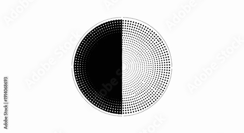 Abstract circular pattern with radiating dots, half solid black, half white with gray dots