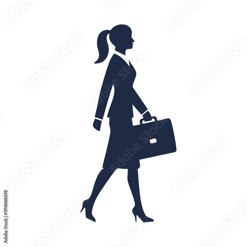 A businesswoman walks confidently with a briefcase in hand, illustration style, profile view