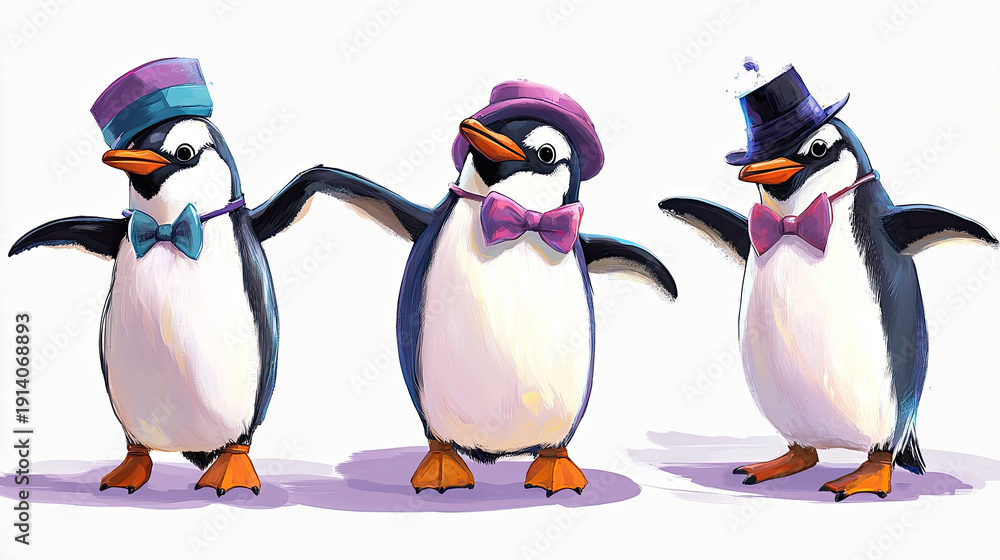 Fototapeta premium Three elegantly dressed penguins posing with style, wearing hats and bowties. Each one strikes a different pose. AI Generative