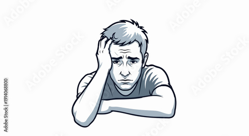 Sad young man with head in hand, looking down with a dejected expression