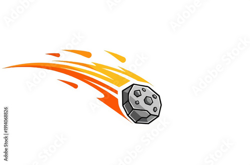 A stylized gray rock with a fiery tail streaks across a white background