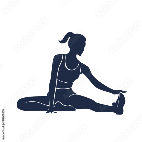 Woman stretching in a serene yoga pose, sitting on the floor with legs extended sideways