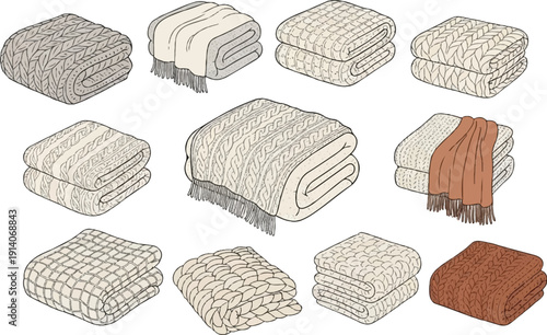 Assorted folded blankets with textured patterns and fringes, depicted in isometric view
