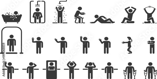 Collection of dark grey silhouette depicting people in various activities and situations