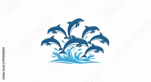 A pod of playful dolphins leaping joyfully through crashing blue waves