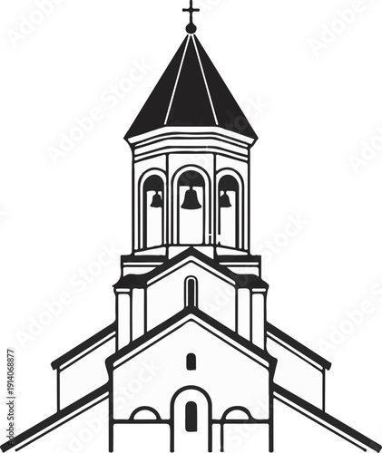 A black and white illustration of an ornate church facade with a tall steeple and multiple arched windows